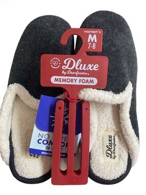 Dearfoams Deluxe Memory Foam Slippers Dark Gray & Cream NWT size M (7/8)